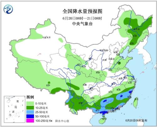 全国降水量预报图(6月20日08时-21日08时)