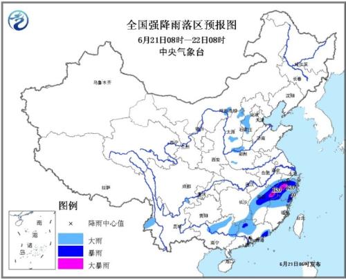 全国强降雨落区预报图(6月21日08时-22日08时)