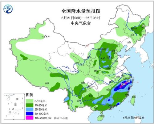 全国降水量预报图(6月21日08时-22日08时)